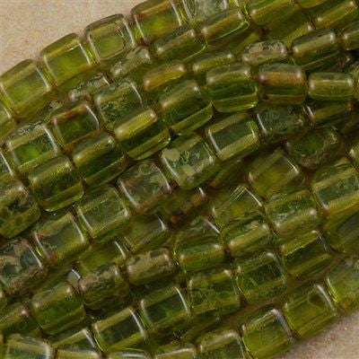 50 CzechMates 6mm Two Hole Tile Beads Olivine Picasso T6-50230T