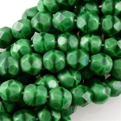 50 Czech Fire Polished 6mm Round Bead Opaque Green with Black (54110)