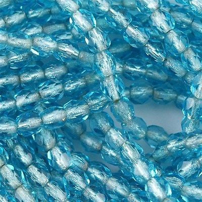 100 Czech Fire Polished 4mm Round Bead Aquamarine Silver Lined (60010SL)