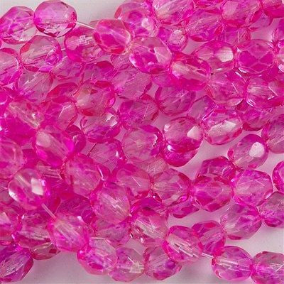 50 Czech Fire Polished 6mm Round Bead Coated Hot Pink 37060K