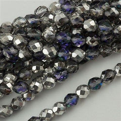 50 Czech Fire Polished 8mm Round Bead Silver Blue Crystal (28003)