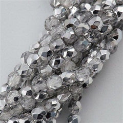 100 Czech Fire Polished 4mm Round Bead Half Coat Silver (27001)