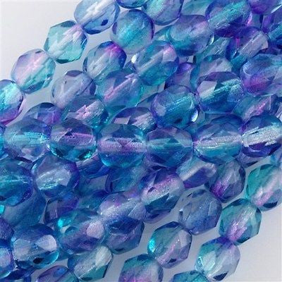 50 Czech Fire Polished 8mm Round Bead Dual Coated Pink Blue (48023)