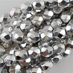 50 Czech Fire Polished 6mm Round Bead Silver (27000)
