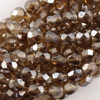 50 Czech Fire Polished 6mm Round Bead Luster Smoky Topaz (10230L)
