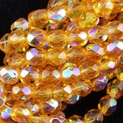 50 Czech Fire Polished 8mm Round Bead Medium Topaz AB (10060X)