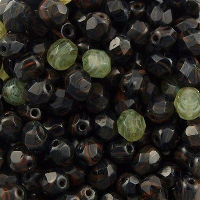 50 Czech Fire Polished 6mm Round Bead Hurricane Swamp Thing (02040H)
