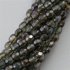 100 Czech Fire Polished 4mm Round Bead Transparent Green Luster (65431)