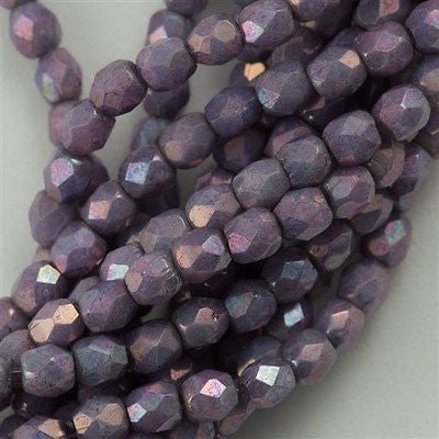 100 Czech Fire Polished 3mm Round Beads Opaque Amethyst Luster (15726P)