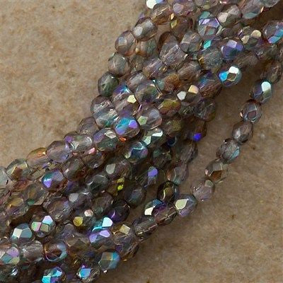 100 Czech Fire Polished 3mm Round Bead Luster Pink Crystal AB (98401)