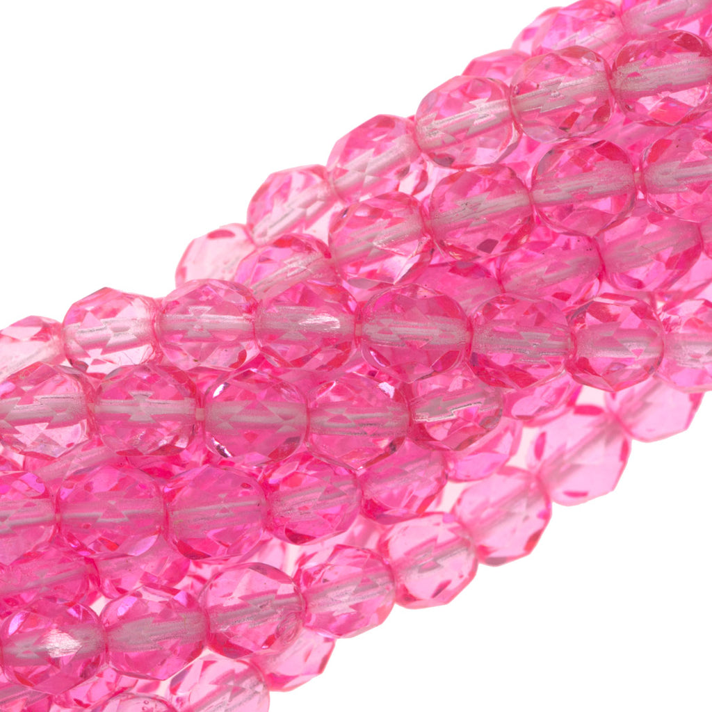 50 Czech Fire Polished 6mm Round Bead Pearl Coat Bright Pink (07300G)