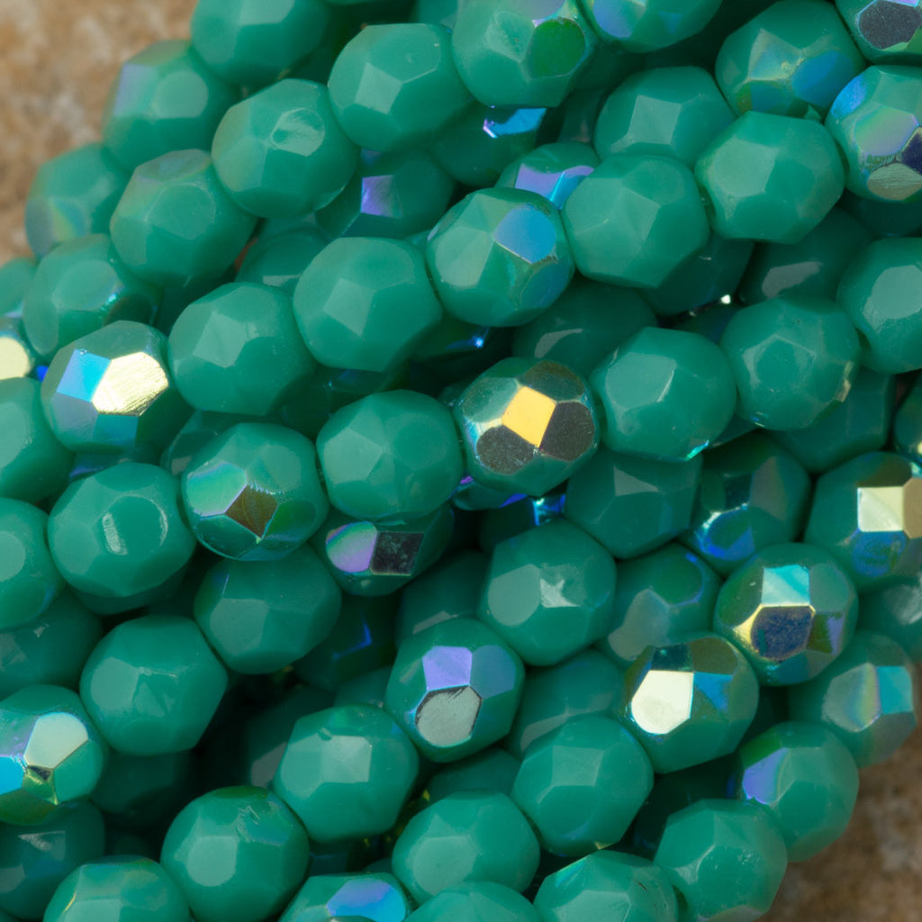 100 Czech Fire Polished 4mm Round Bead Turquoise AB (63130X)