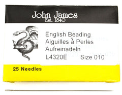 25 John James Beading Needles 55mm Size #10