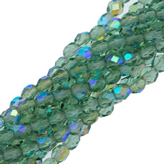 100 Czech Fire Polished 4mm Round Bead Light Prairie Green AB (50560X)