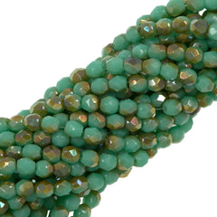 100 Czech Fire Polished 3mm Round Bead Green Turquoise Celsian (53130Z)