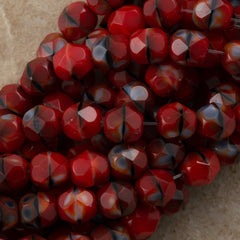 50 Czech Fire Polished 6mm Round Bead Stripe Red Black Brown (26907)