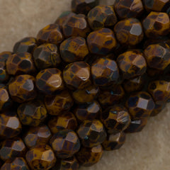 100 Czech Fire Polished 3mm Round Bead Goldenrod Picasso (13740T)