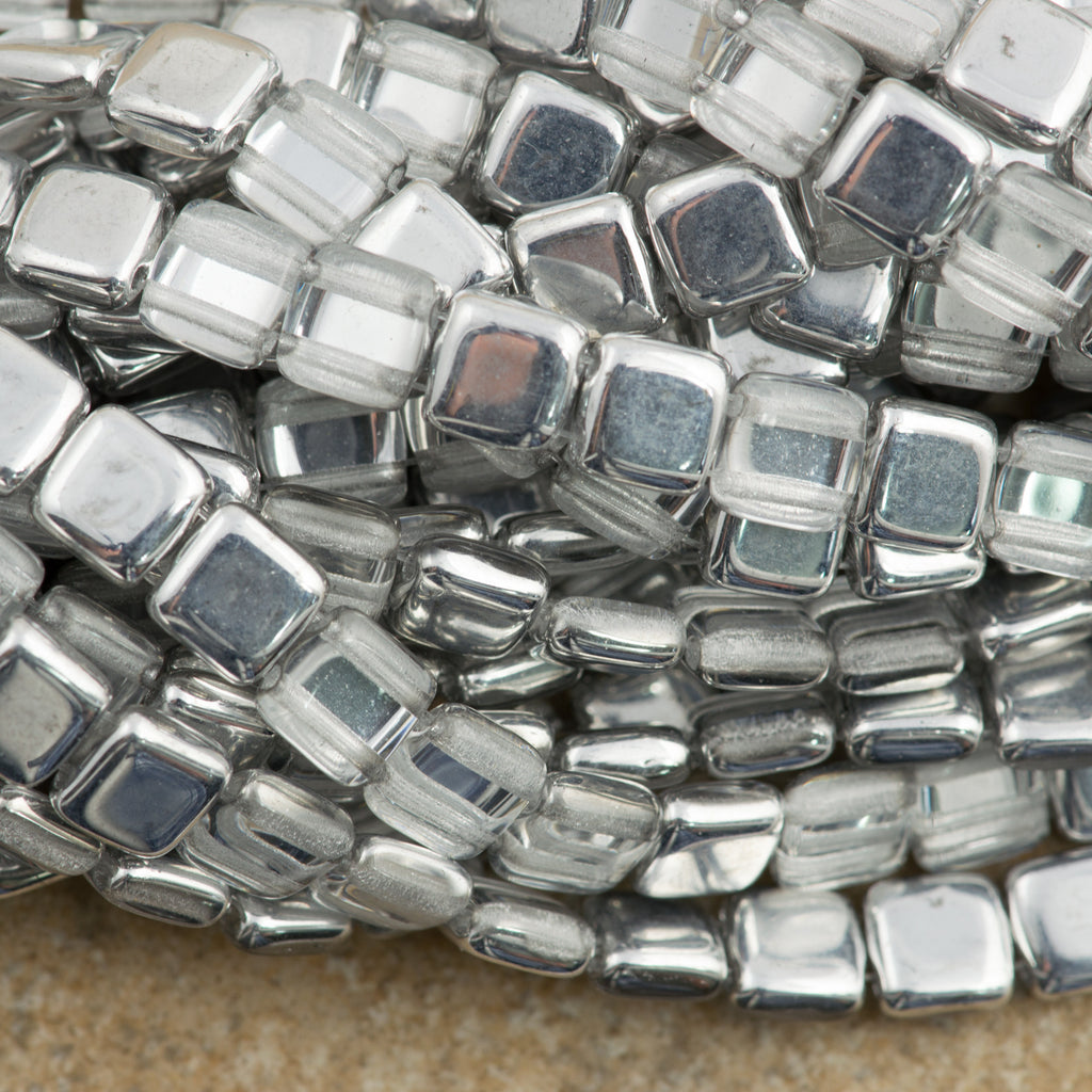50 CzechMates 6mm Two Hole Tile Beads Half Coat Silver (27001)