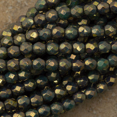 100 Czech Fire Polished 4mm Round Bead Metallic Green Turquoise Picasso (53130BT)