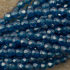 100 Czech Fire Polished 4mm Round Bead Capri Blue Luster (60080L)