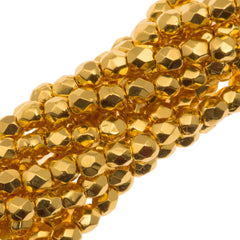 100 Czech Fire Polished 2mm Round Bead 24kt Gold Plated (00030GP)