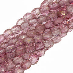 100 Czech Fire Polished 3mm Round Beads Transparent Topaz Pink Luster (15495)