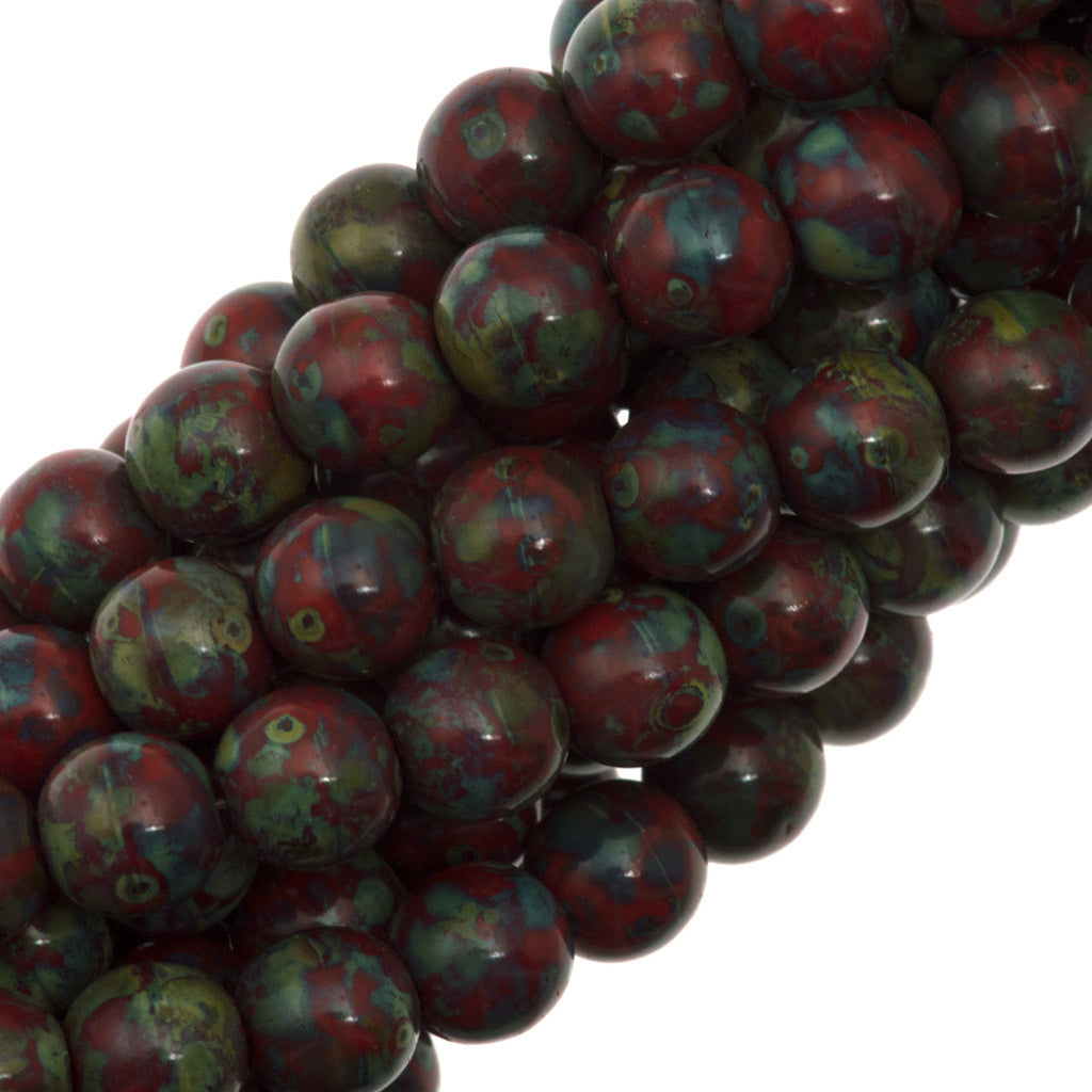 100 Czech 6mm Pressed Glass Round Opaque Red Picasso Beads (93200T)