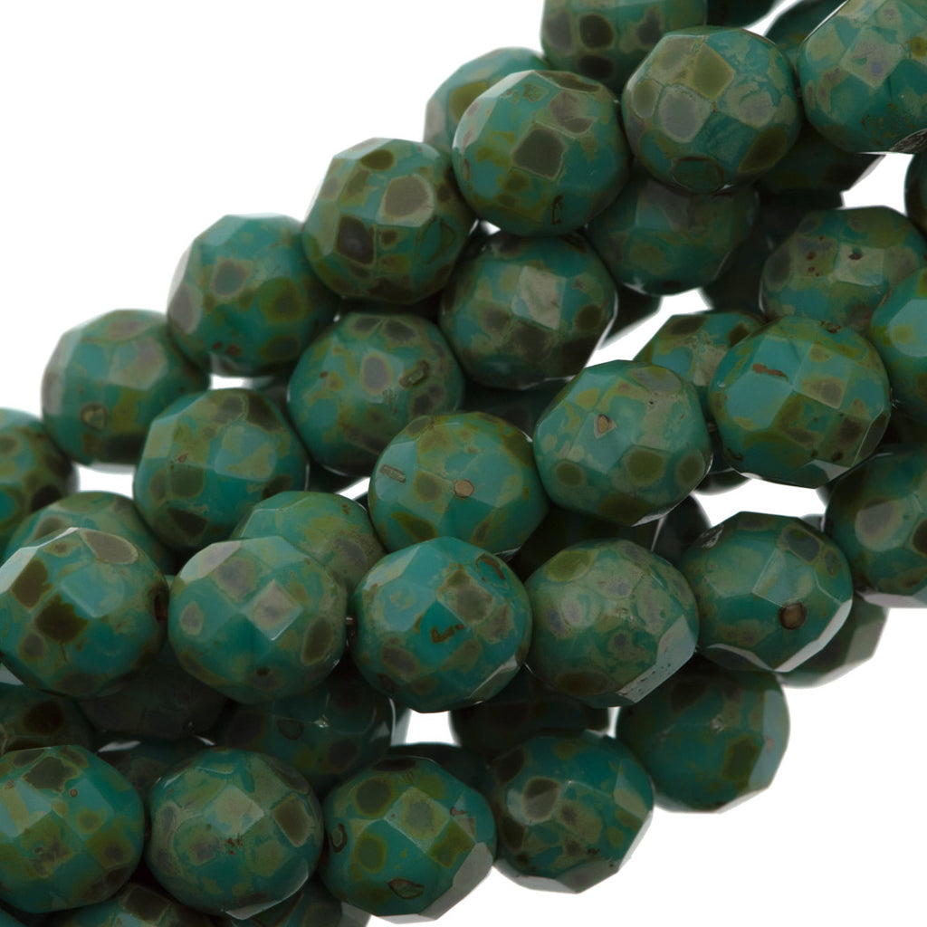 50 Czech Fire Polished 8mm Round Bead Opaque Turquoise Picasso (63130T)