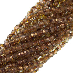 100 Czech Fire Polished 3mm Round Beads Transparent Gold Topaz Luster (15695)