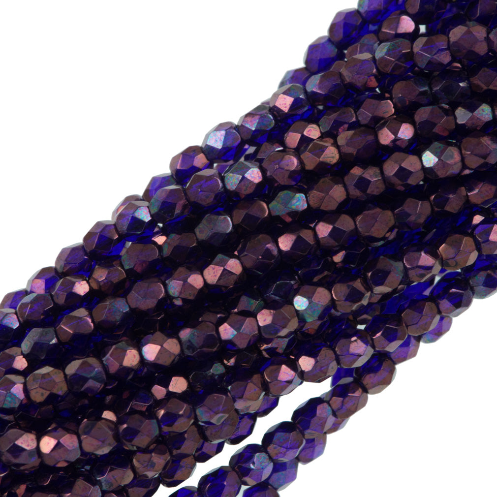 100 Czech Fire Polished 3mm Round Bead Cobalt Vega (30090E)