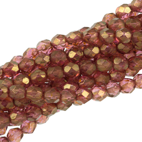 50 Czech Fire Polished 6mm Round Bead Luster Rose Gold Topaz (65491)