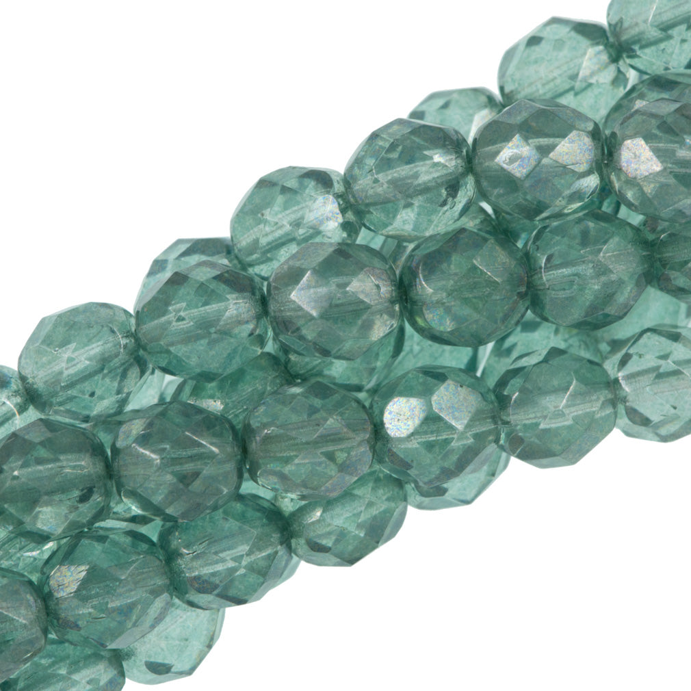 50 Czech Fire Polished 8mm Round Bead Prairie Green Luster (14457)