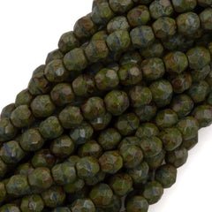 100 Czech Fire Polished 4mm Round Bead Opaque Olive Picasso (53420T)