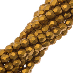 100 Czech Fire Polished 3mm Round Bead Matte Metallic Antique Gold (01740K)