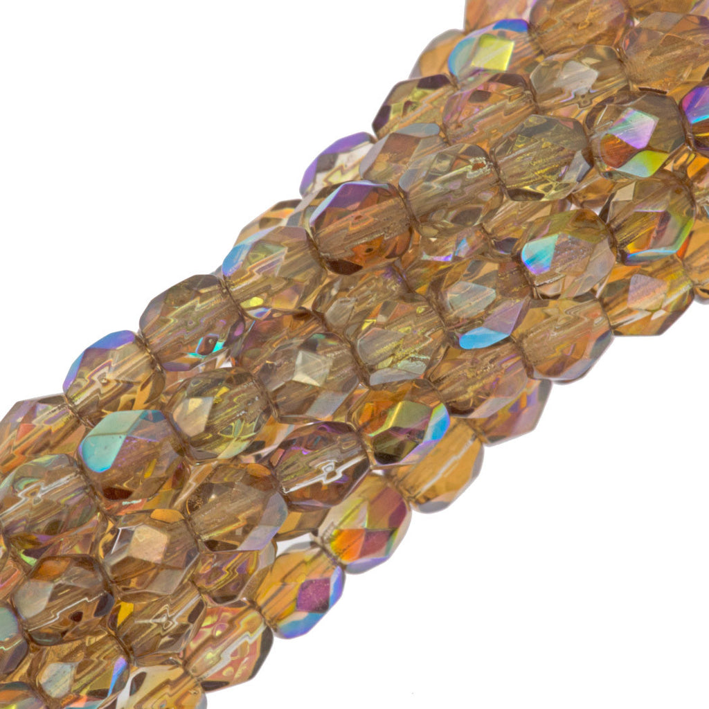 80 Czech Fire Polished 4mm Round Bead Crystal Brown Rainbow (98532)
