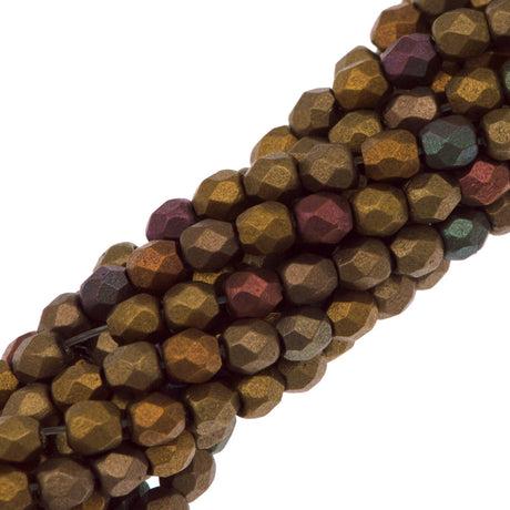 100 Czech Fire Polished 3mm Round Bead Matte Metallic Copper Iris (01620K)