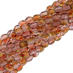 100 Czech Fire Polished 3mm Round Beads Transparent Pink Luster (14295)