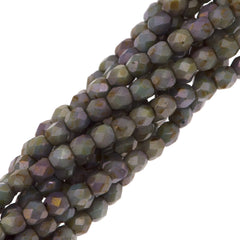 100 Czech Fire Polished 3mm Round Beads Opaque Green Luster (65431P)