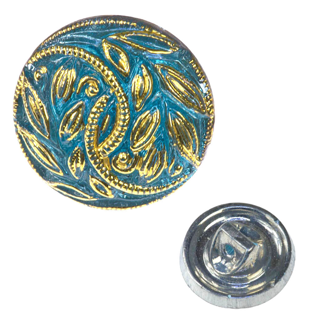 Czech 13mm Gold Leaves Glass Button Blue Aqua  