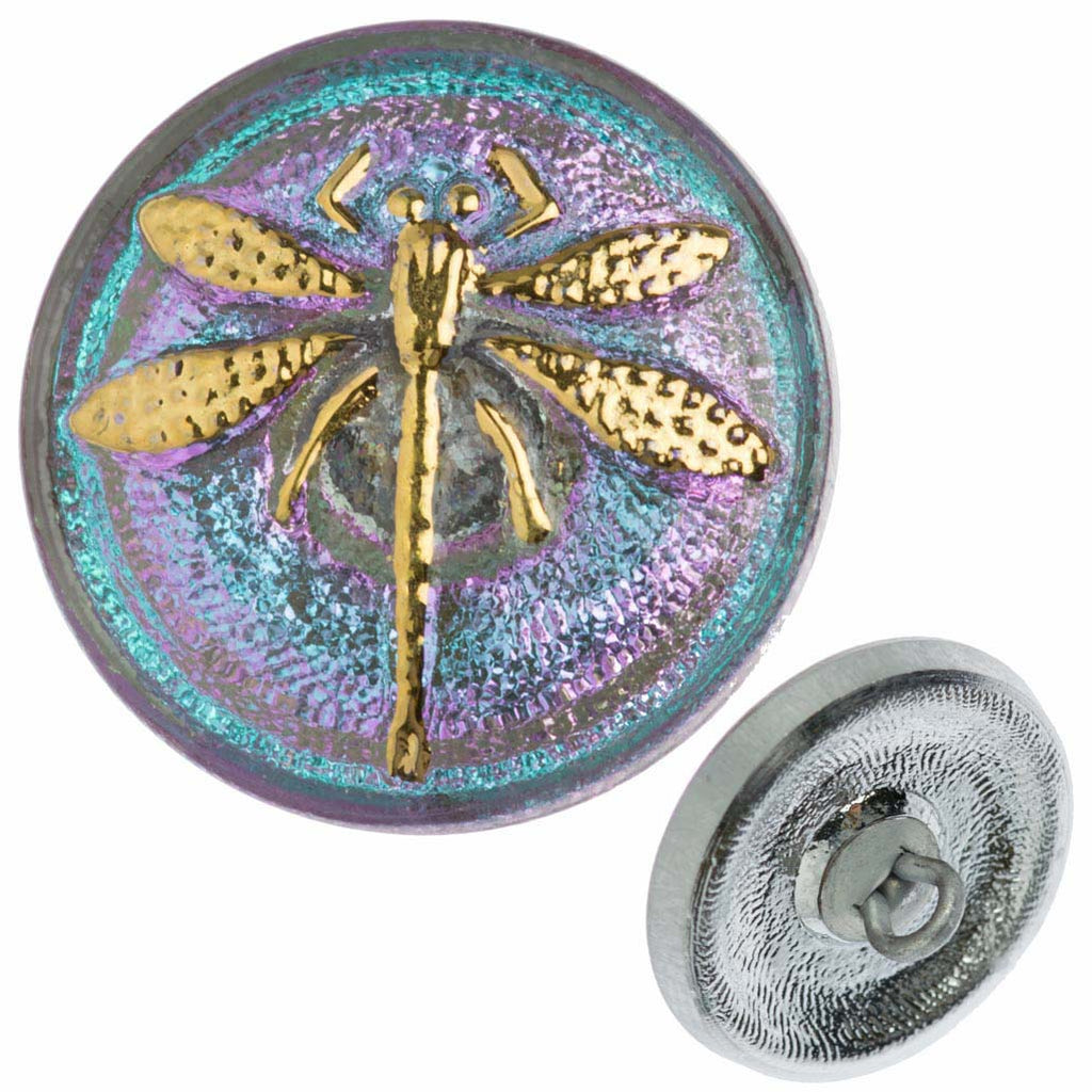 Czech 18mm Blue and Lavender Dragonfly Glass Button