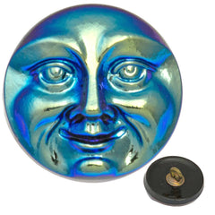 Czech 18mm Moon Face Metallic Blue Glass Button