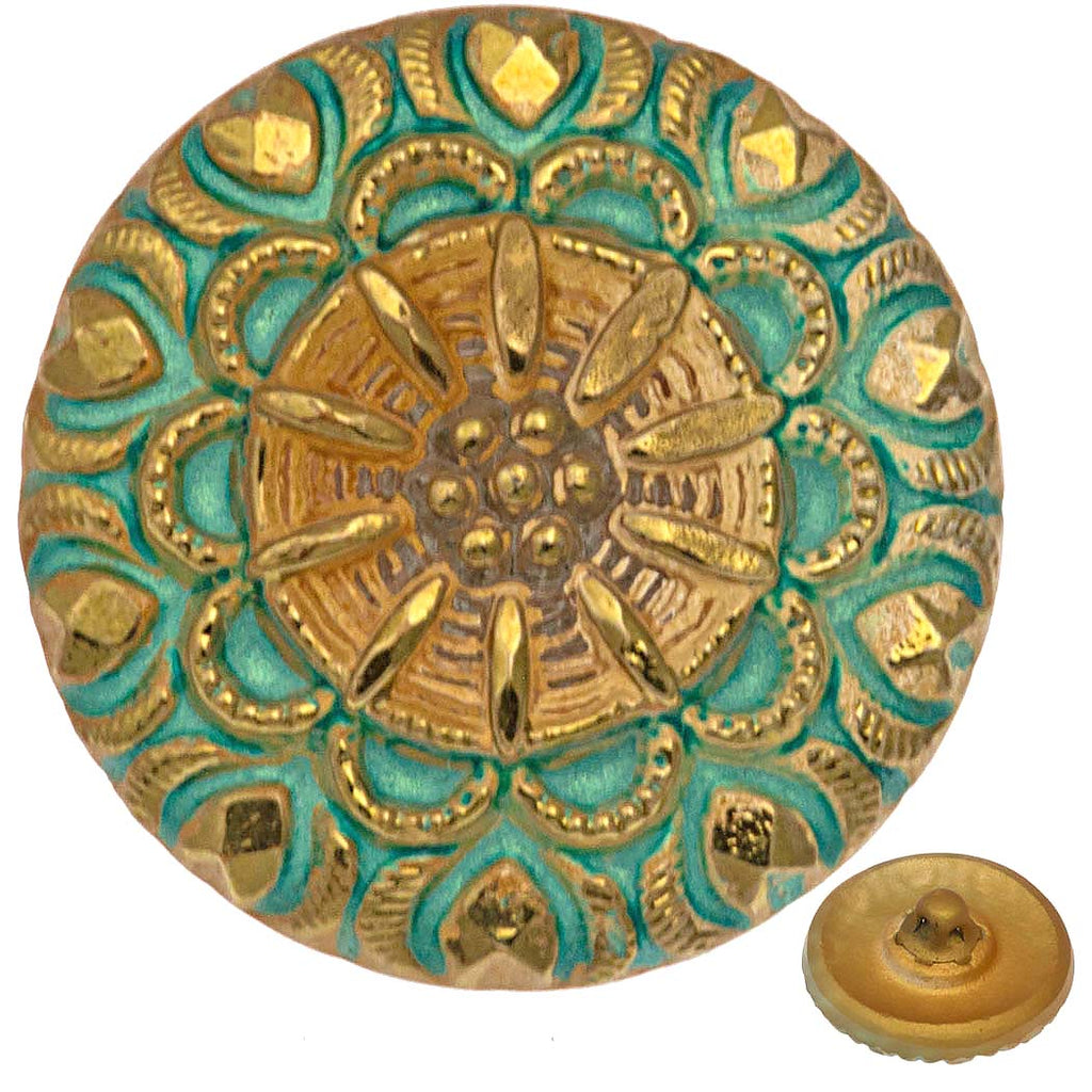Czech 18mm Crown Gold Turquoise Glass Button