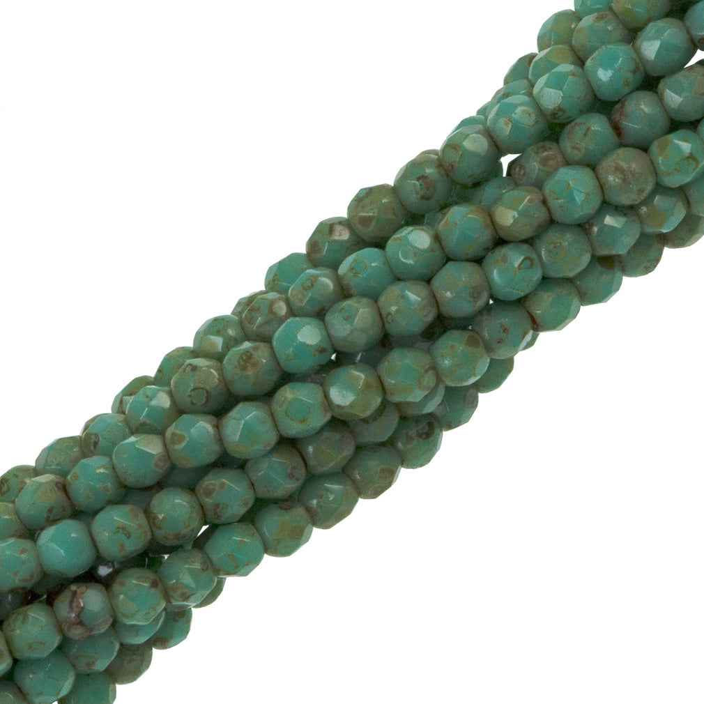 100 Czech Fire Polished 2mm Round Bead Opaque Turquoise Picasso (63130T)