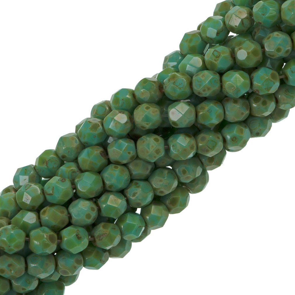 100 Czech Fire Polished 4mm Round Bead Opaque Turquoise Picasso (63130T)