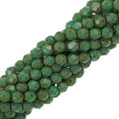 100 Czech Fire Polished 4mm Round Bead Opaque Turquoise Picasso (63130T)