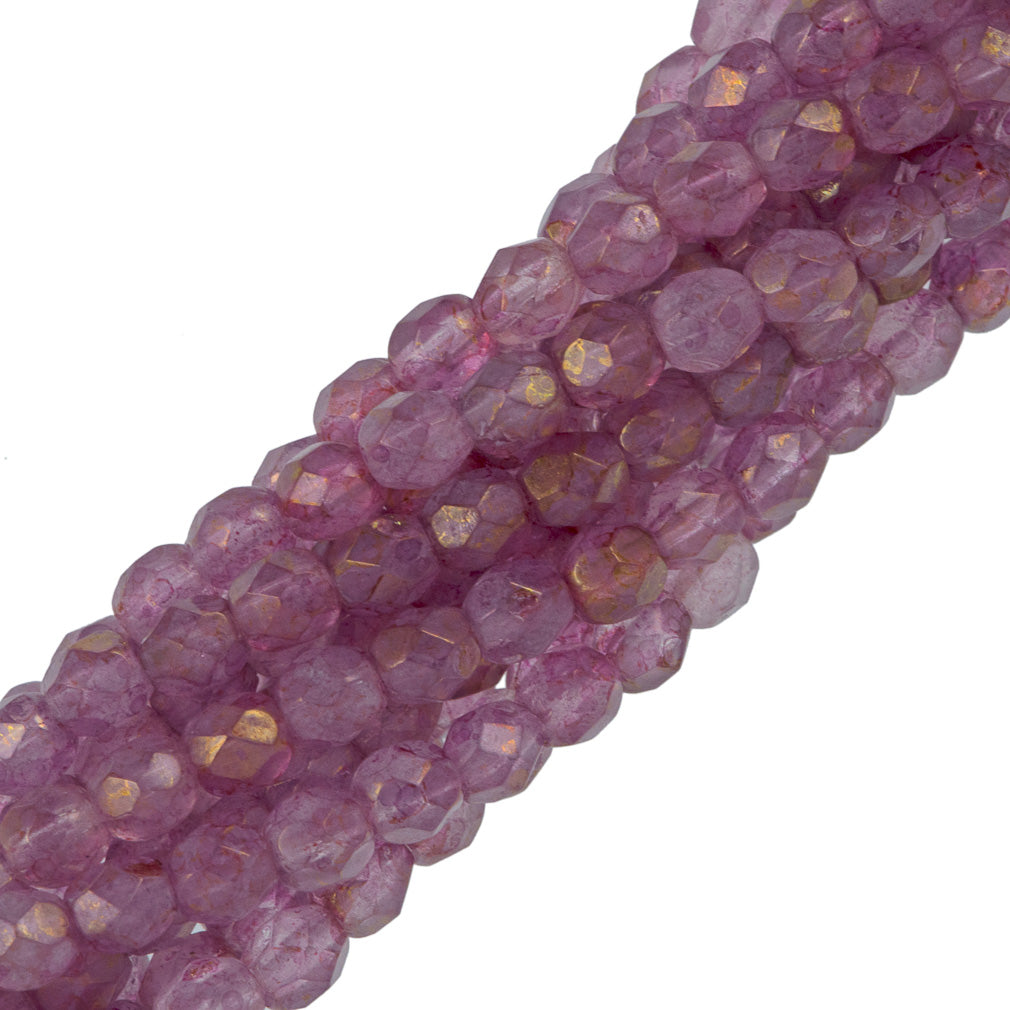 100 Czech Fire Polished 4mm Round Bead Stone Pink Luster (64495)