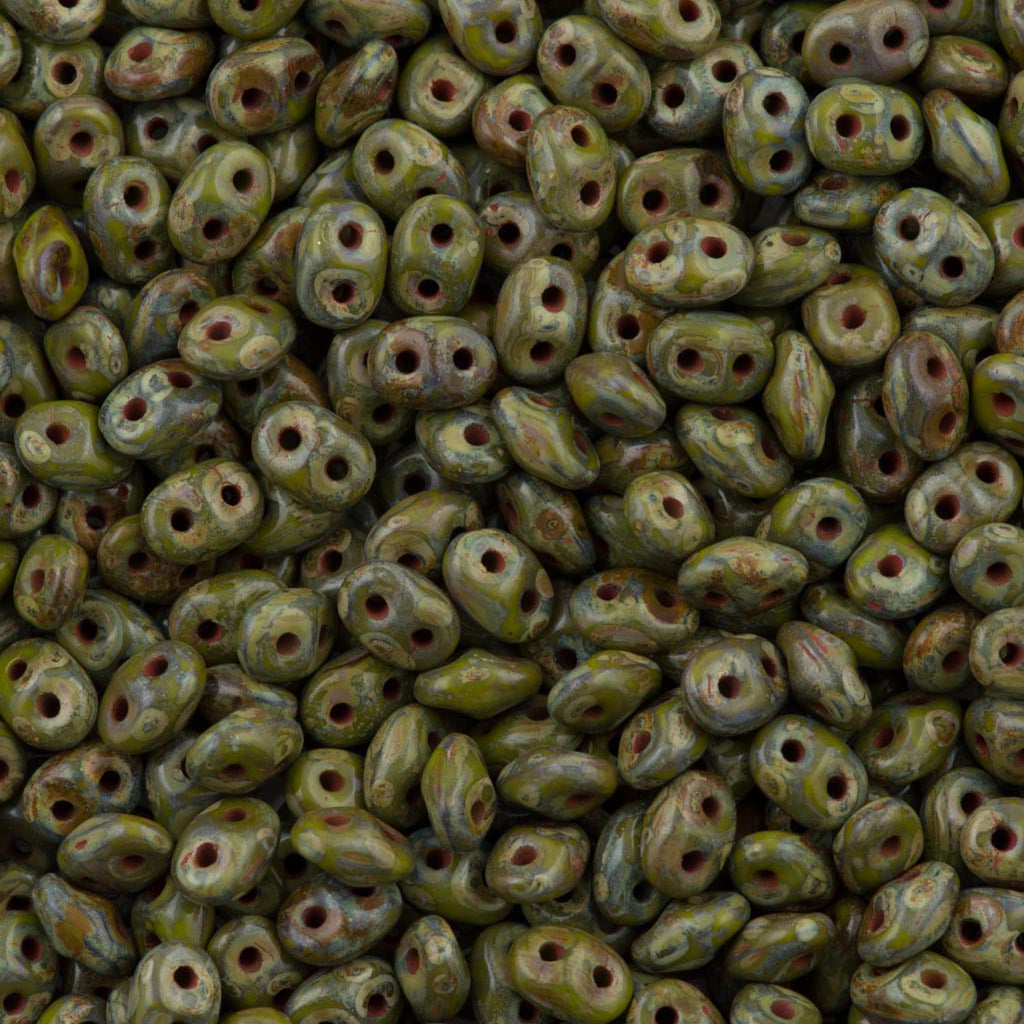 Super Duo 2x5mm Two Hole Beads Opaque Olive Picasso 22g Tube (53420T)