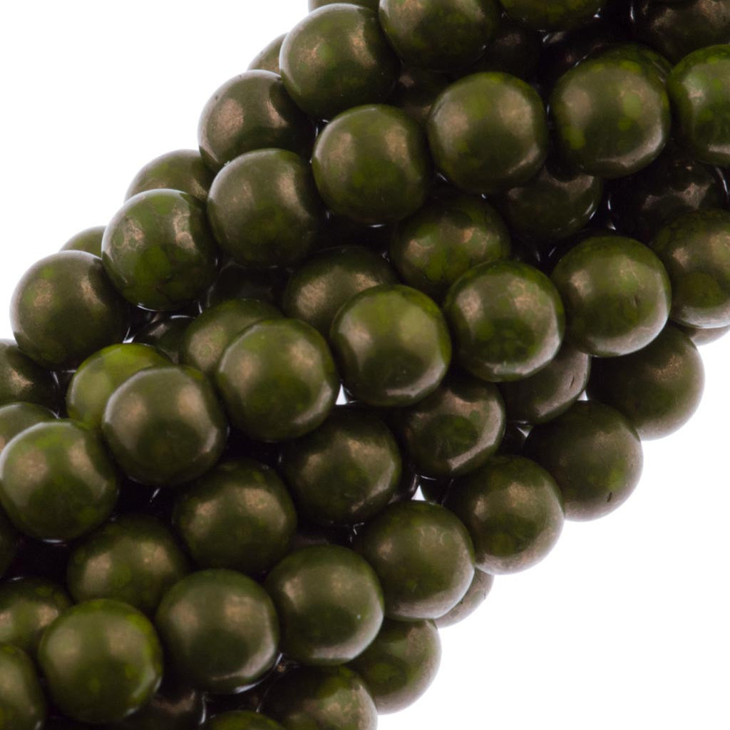100 Czech 6mm Pressed Glass Round Opaque Olive Moon Dust Beads (53420MD)
