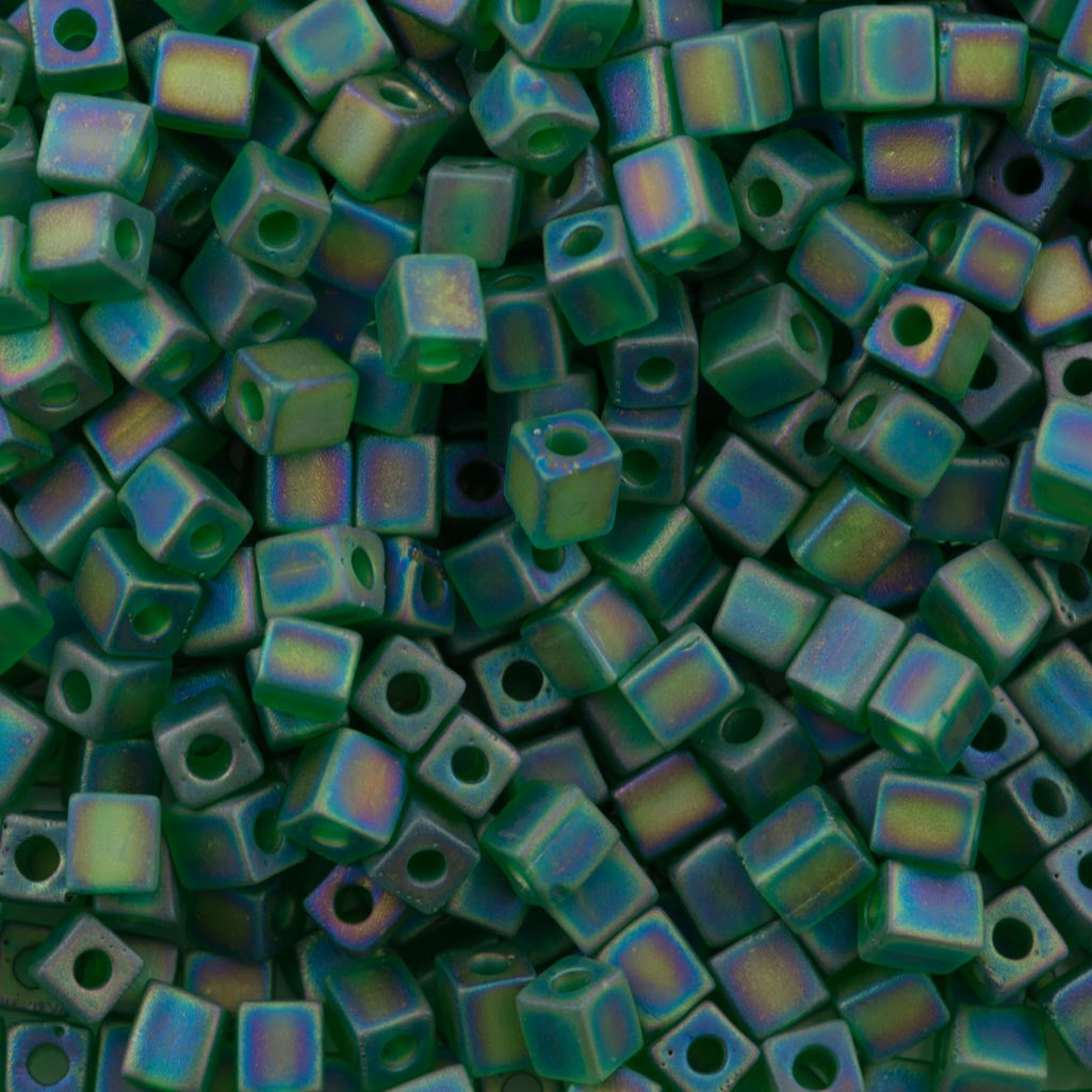 Miyuki 4mm Cube Seed Bead Matte Green AB 10g (146FR)