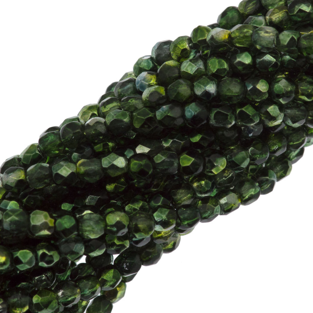 100 Czech Fire Polished 2mm Round Bead Fern Green Mirror (55070K)